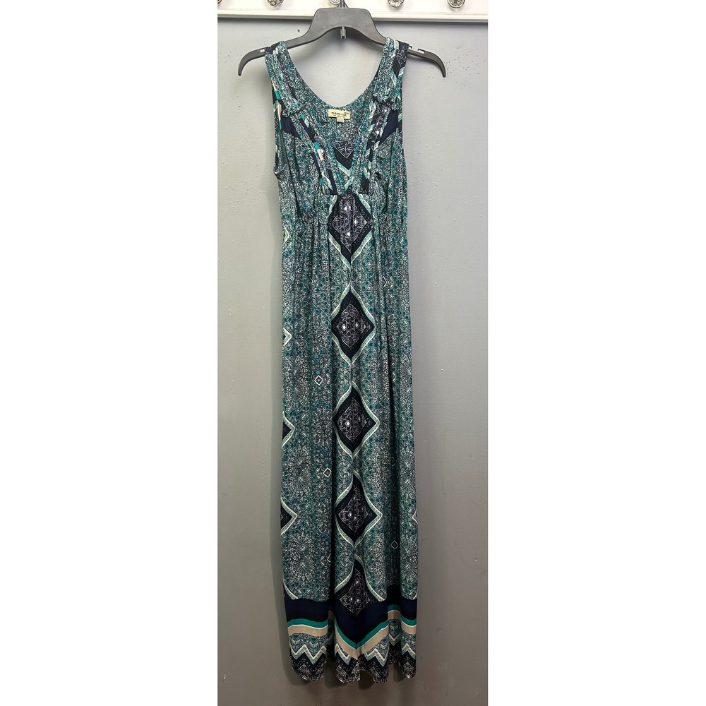 One World Dress Womens PS Teal Geometric Medallion Boho Sleeveless Maxi Dress